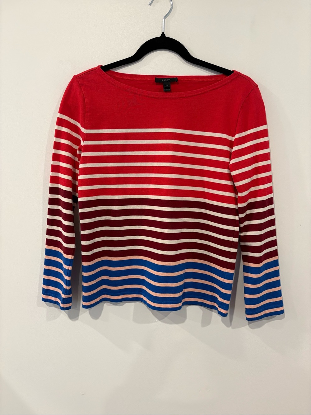 J. Crew Red Multi-Striped Boatneck Long Sleeve Top